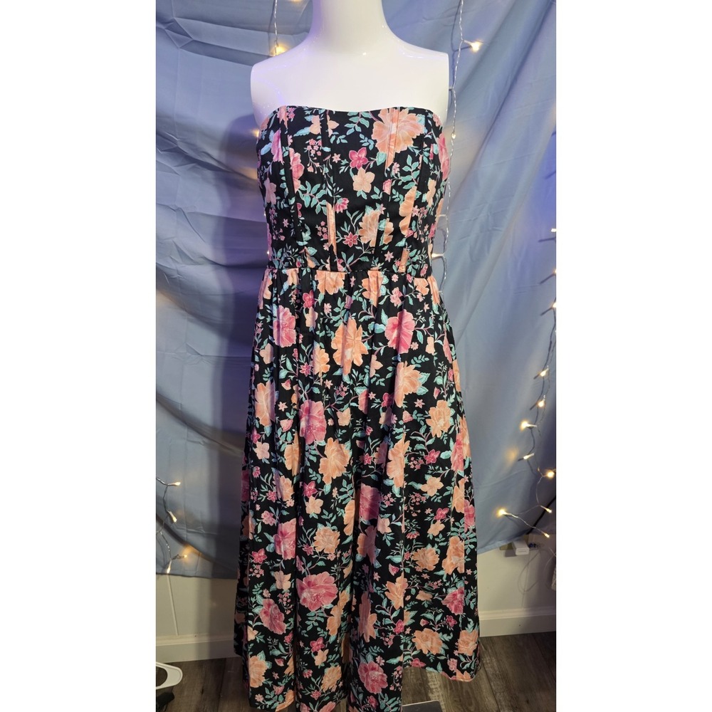 NWT Mi Ami Francesca's Strapless Black Floral Midi Dress W/Boning Sz S MSRP $125